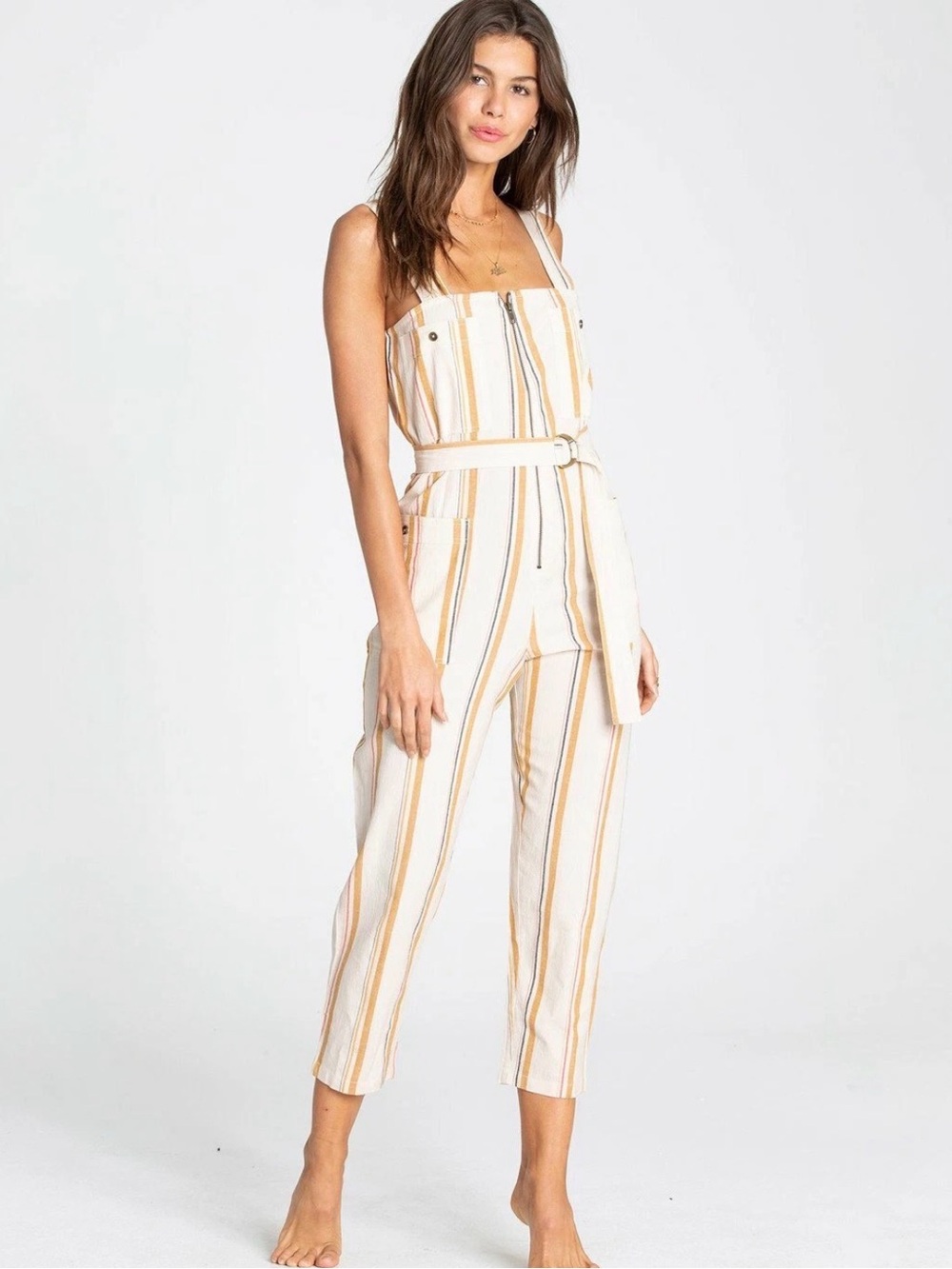 Billabong Sleeveless Striped Jumpsuit in Cream and Tan Size Medium